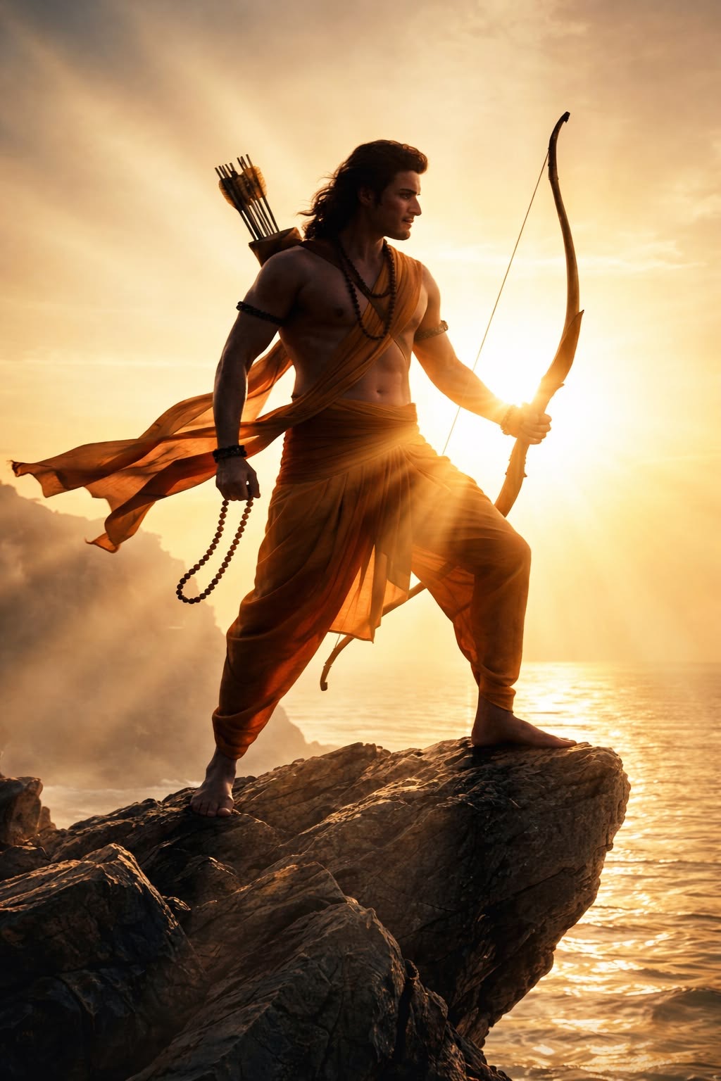 A warrior at sunset, bow in hand
